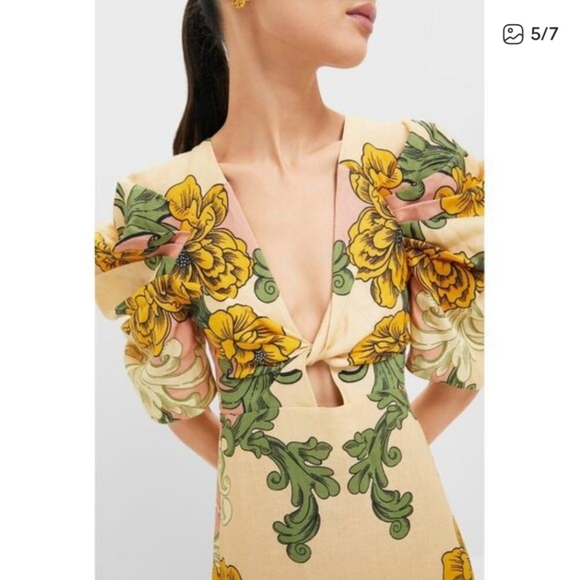 ✅ Farm Rio Linen Floral Arabesque Puff Sleeve Midi Dress – XSmall - Picture 5 of 16